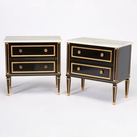 Pair of Louis XVI Style Ebonized Gilt Mounted Commodes