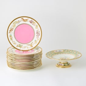 Set of Twelve English Gilt and Transfer Decorated Porcelain Luncheon Plates