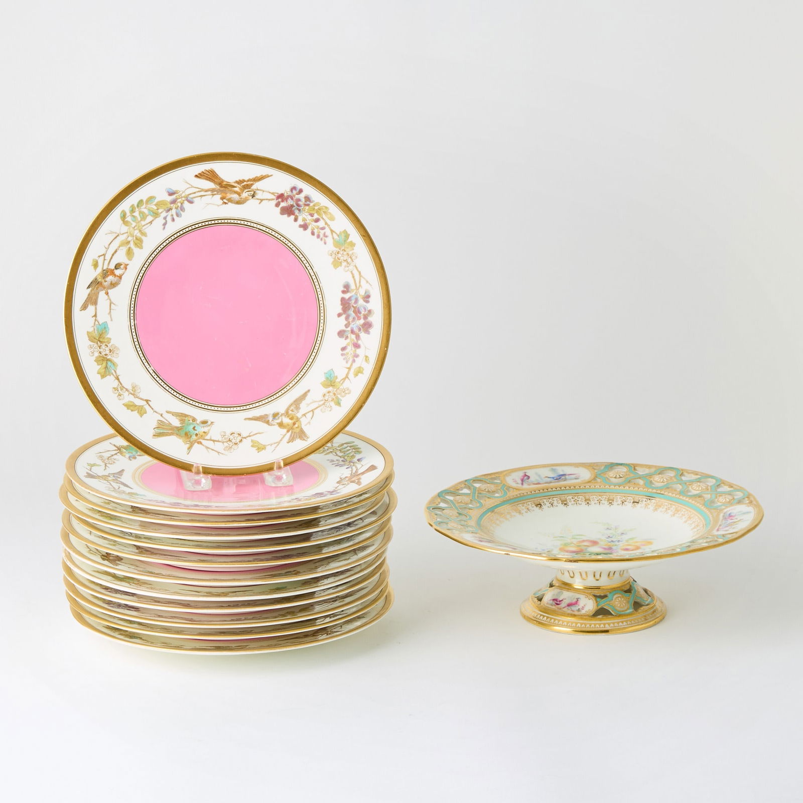 Set of Twelve English Gilt and Transfer Decorated Porcelain Luncheon Plates (1 of 2)