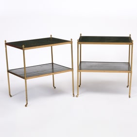 Pair of Brass and Leather Two-Tier Tables