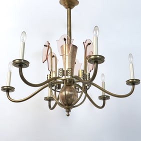Art Deco Metal and Silvered Wood Six-Light Chandelier
