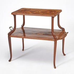 Louis Majorelle Art Nouveau Marquetry Inlaid Fruitwood Two-Tier Tea Table