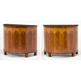 Pair of Italian Art Deco Rosewood and Macassar Ebony Demilune Cabinets