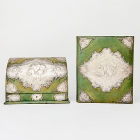 Edwardian Sterling Silver Mounted Green Leather Desk Paper Box and Portfolio