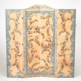 Louis XVI Style Painted Canvas Four Panel Folding Screen