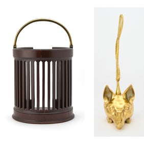 Mahogany and Brass Coal Bucket Together With a Brass Fox Head Door Stopper