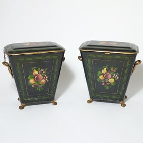 Pair of Regency Style Polychrome Painted Tole Coal Scuttles