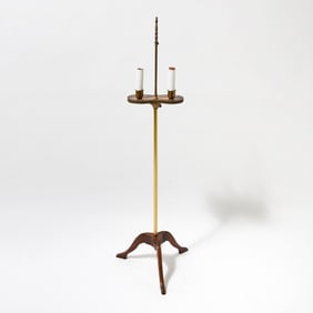 Regency Style Oak and Brass Two-Light Floor Lamp