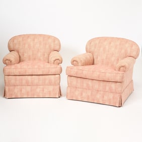 Two Pink Striped Upholstered Brunschwig & Fils Club Chairs