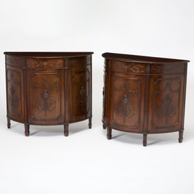 Pair of George III Style Stained Walnut Demilune Cabinets