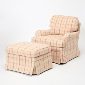 Plaid Upholstered Club Chair and Ottoman