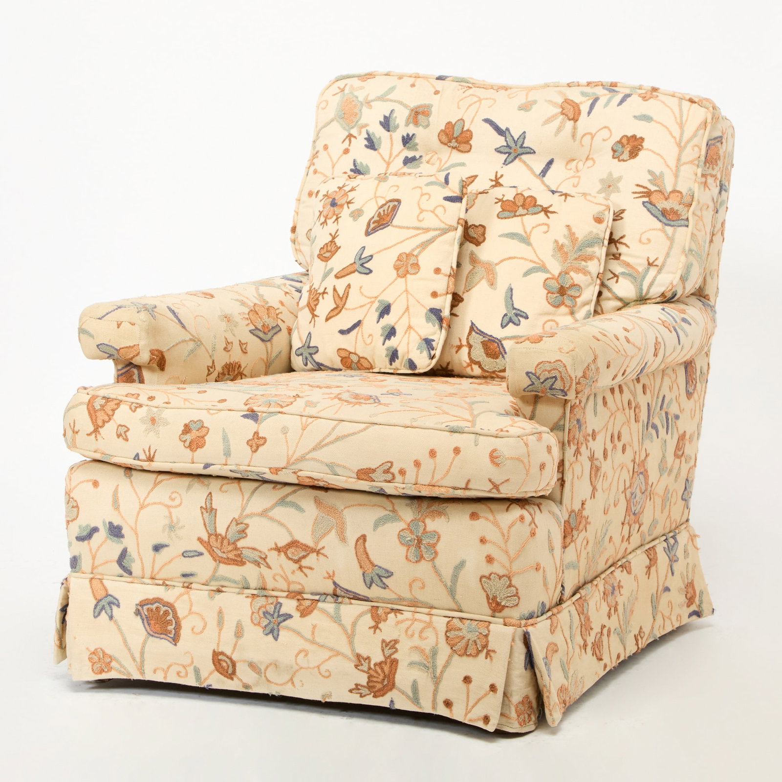 Floral Embroidered Club Chair: Modern Height 32 inches, width 31 1/2 inches, depth of seat 23 inches, height of seat 17 inches. wear and staining to upholstery, especially at arms