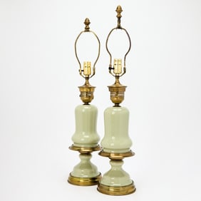 Pair of Victorian Style Brass Mounted Celadon Porcelain Table Lamps