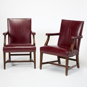 Pair of George III Style Leather Upholstered Mahogany Library Armchairs