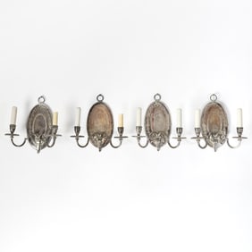 Group of Four George III Style Silvered Metal Two-Light Wall Lights