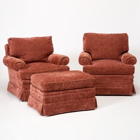 Pair of Velveteen Upholstered Swivel Club Chairs and Ottoman