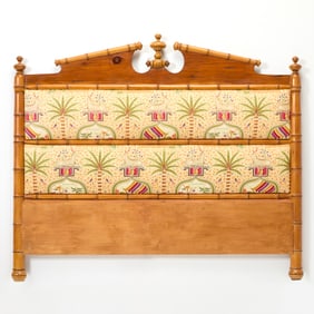Faux Bamboo and Grain Painted Upholstered Fruitwood Headboard