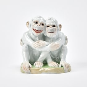 Dresden Porcelain Figural Group of Two Seated Monkeys in an Embrace