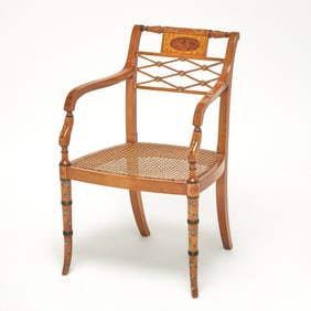Edwardian Style Painted Satinwood Cane Seat Armchair