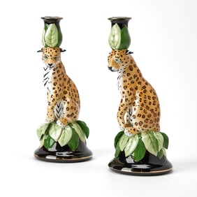 Pair of Lynn Chase Porcelain "Jaguar Jungle" Candlesticks