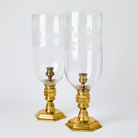 Near Pair of Etched Glass and Brass Photophores