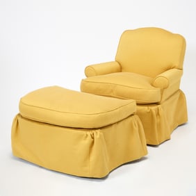 Yellow Upholstered Club Chair and Ottoman