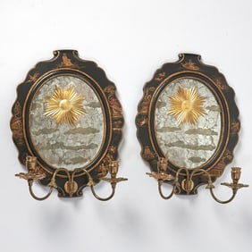 Pair of Regency Style Gilt-Chinoiserie Black Lacquered Mirrored Two-Light Sconces