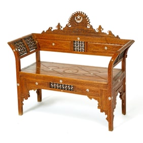 Syrian Mother-of-Pearl Inlaid Walnut Bench