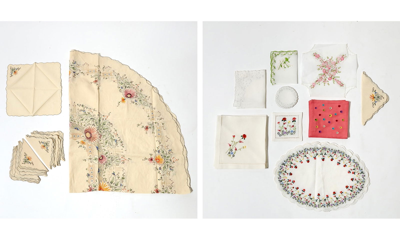 Group of Embroidered Table Linens: Comprising: A cream colored tablecloth and twelve matching placemats Four floral embroidered napkins, placemats, and coasters en suite Twelve Ranjit Ahuja pink cocktail napkins Embroidered doily with