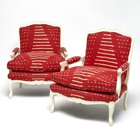 Pair of Louis XV Style Painted and Upholstered Fauteuils
