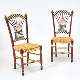 Pair of MacKenzie-Child's Painted Flower Basket Rush Seat Side Chairs