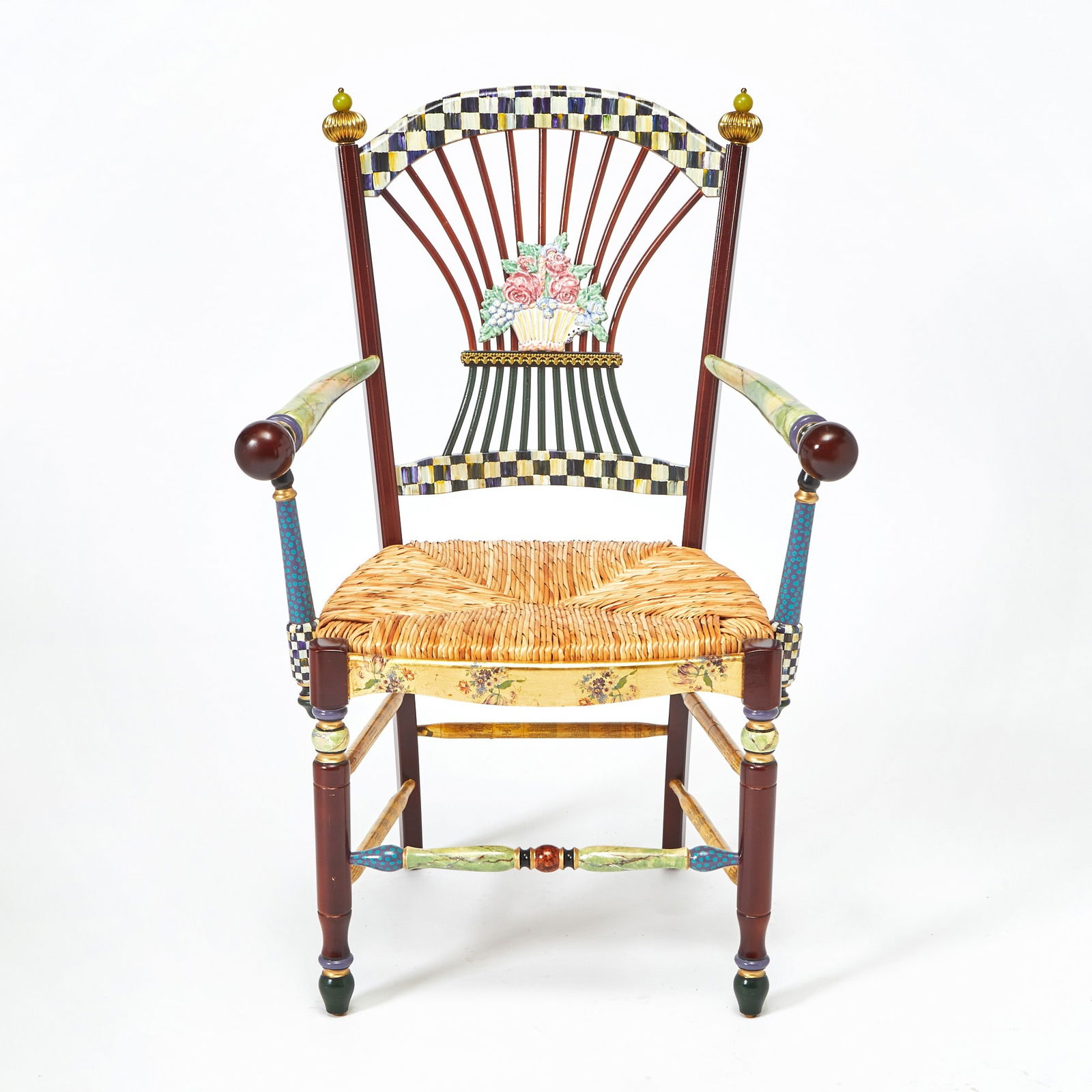 MacKenzie-Childs Painted Flower Basket Rush Seat Armchair (1 of 4)