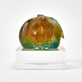 Daum Amber and Green Pâte de Verre Figure of a Standing Buddha