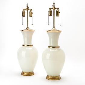 Pair of Gilt Decorated White Opaline Glass Vases Mounted as Lamps