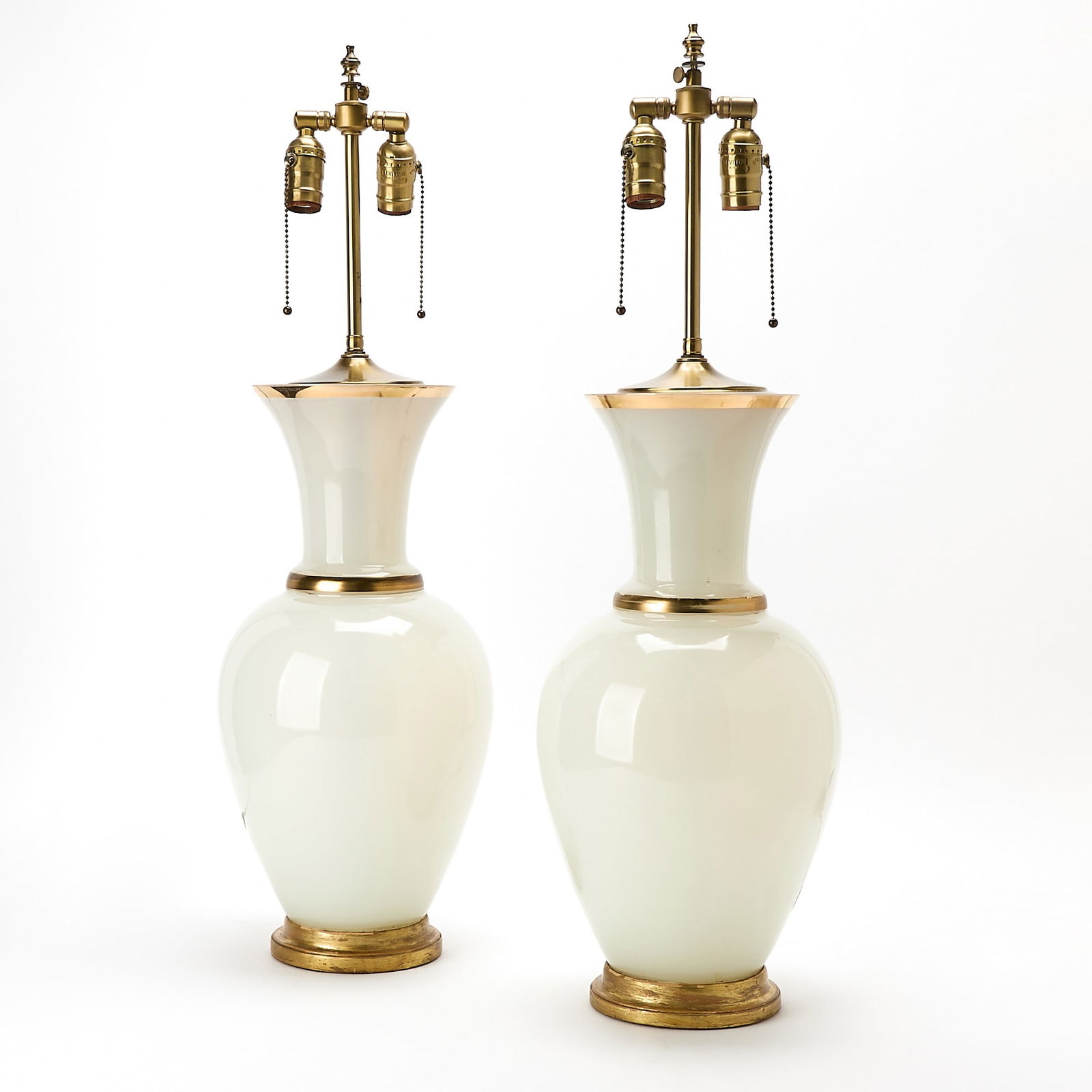 Pair of Gilt Decorated White Opaline Glass Vases Mounted as Lamps (1 of 7)