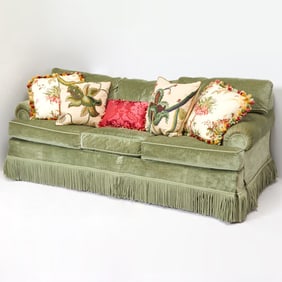 Upholstered Fringed Sofa and Five Pillows