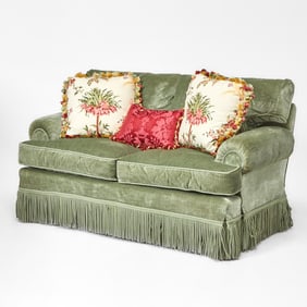 Upholstered Fringed Love Seat and Three Throw Pillows