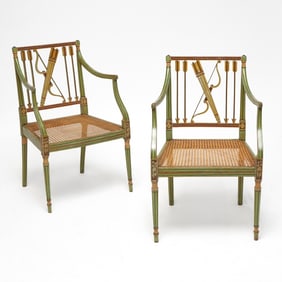 Pair of George III Green Painted Caned Seat Armchairs