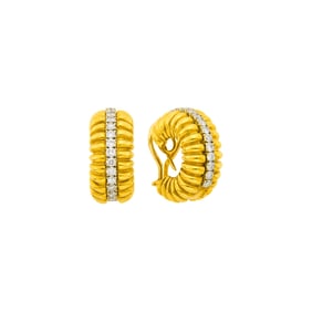 Pair of Gold and Diamond Hoop Earclips