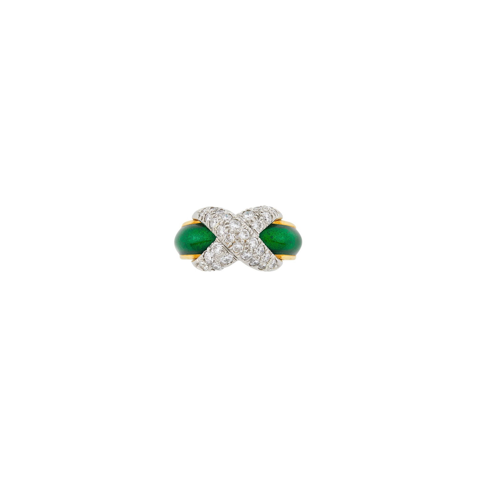 Tiffany & Co., Schlumberger Gold, Platinum, Green Enamel and Diamond 'X' Band Ring (1 of 3)