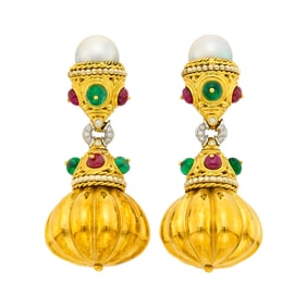 Pair of Two-Color Gold, Semi-Baroque Cultured Pearl, Ruby and Emerald Bead and Diamond