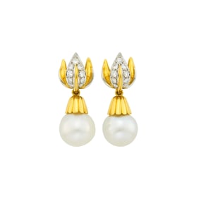 Pair of Two-Color Gold, Diamond and Semi-Baroque South Sea Cultured Pearl Pendant-Earrings