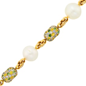 Gold, Semi-Baroque South Sea Cultured Pearl and Gem-Set Bracelet with Toggle Clasp