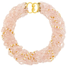 Verdura Thirteen Strand Tumbled Rose Quartz Bead, Freshwater Pearl and Gold Torsade Necklace