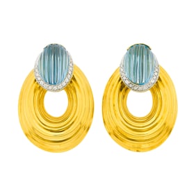 Pair of Two-Color Gold, Fluted Blue Topaz and Diamond Door Knocker Pendant-Earclips