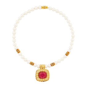 Gold, Cultured Pearl, Pink Tourmaline and Diamond Pendant-Necklace