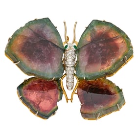 Two-Color Gold, Watermelon Tourmaline and Diamond Butterfly Clip-Brooch