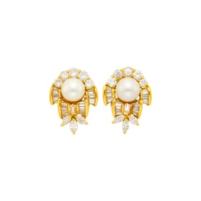 Pair of Gold, Cultured Pearl and Diamond Earclips