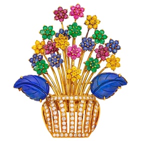 Gold, Diamond, Multicolored Stone and Carved Lapis Flower Vase Clip-Brooch