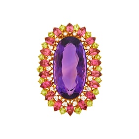 Gold, Amethyst, Diamond, Pink Tourmaline and Peridot Clip-Brooch